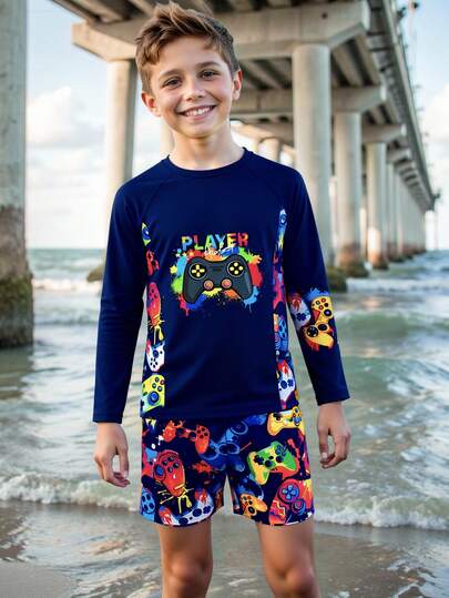 Set de 2 piezas de ropa de baño para niños preadolescentes, top de manga larga con estampado de juegos de dibujos animados en negro casual y shorts, adecuado para nadar, playa, vacaciones, verano