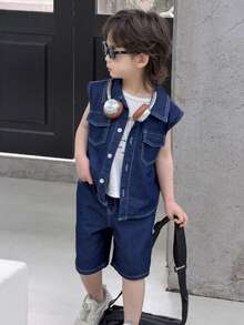 DAZY Young Boy Summer Casual Front Button Flap Pocket Denim Vest And Denim Shorts Set - Blue - View 4