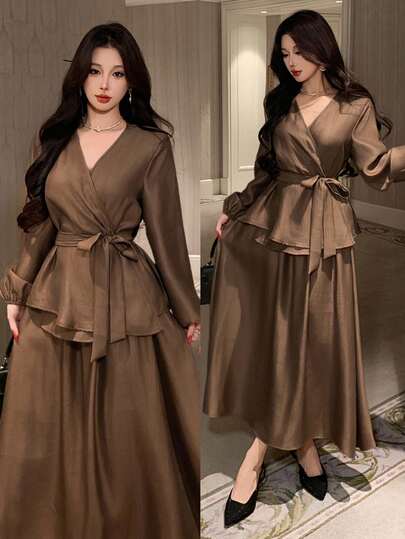 DAZY 女士优雅纯色V领系带衬衫和A字裙两件套，春夏款