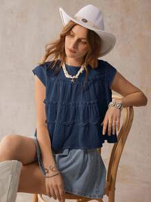 Wildy 美式西部乡村风格休闲白色短袖宽松衬衫 - 藏蓝色 - 查看 4