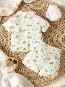 SHEIN Newborn Summer Cotton Outfit,Vehicle & Weather Print Collared Short Sleeve Shirt + Shorts Set Boy Baby Clothes - White - View 3