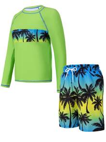SHEIN Tween Boys 2-Piece Swimwear Set: Long Sleeve Rash Guard Top With Gradient Palm Tree Print, Paired With Loose Fit Gradient Palm Tree Print Swim Trunks With Drawstring Waist. Suitable For Summer Vacation, Beach, Pool, Holiday Party - Green - View 5