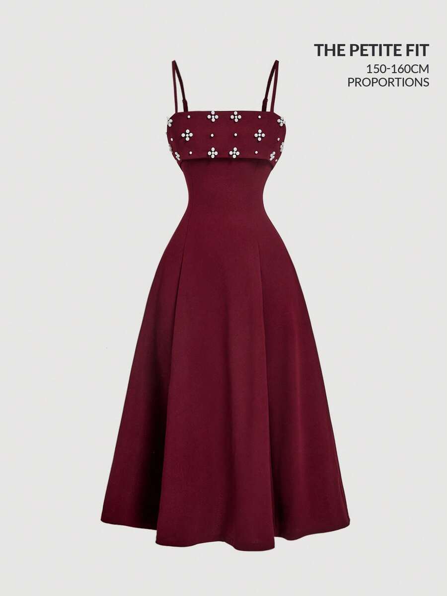 SHEIN MOD Petite Đầm hai dây đính ngọc trai cho nữ, đầm màu đỏ tía thích hợp đi học, trang phục đi học, đầm mùa thu, đầm dành cho giáo viên, đầm midi màu đỏ tía. - Màu Đỏ Sâu - Xem 1