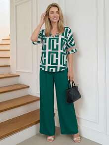 Miaspire Women's Casual Commuter Geometric Print Top And Pants 2 Pieces Set - Cadet Blue - View 7