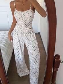 DAZY 女士夏季波点印花吊带背心和宽松睡裤睡衣套装 - 白色 - 查看 11