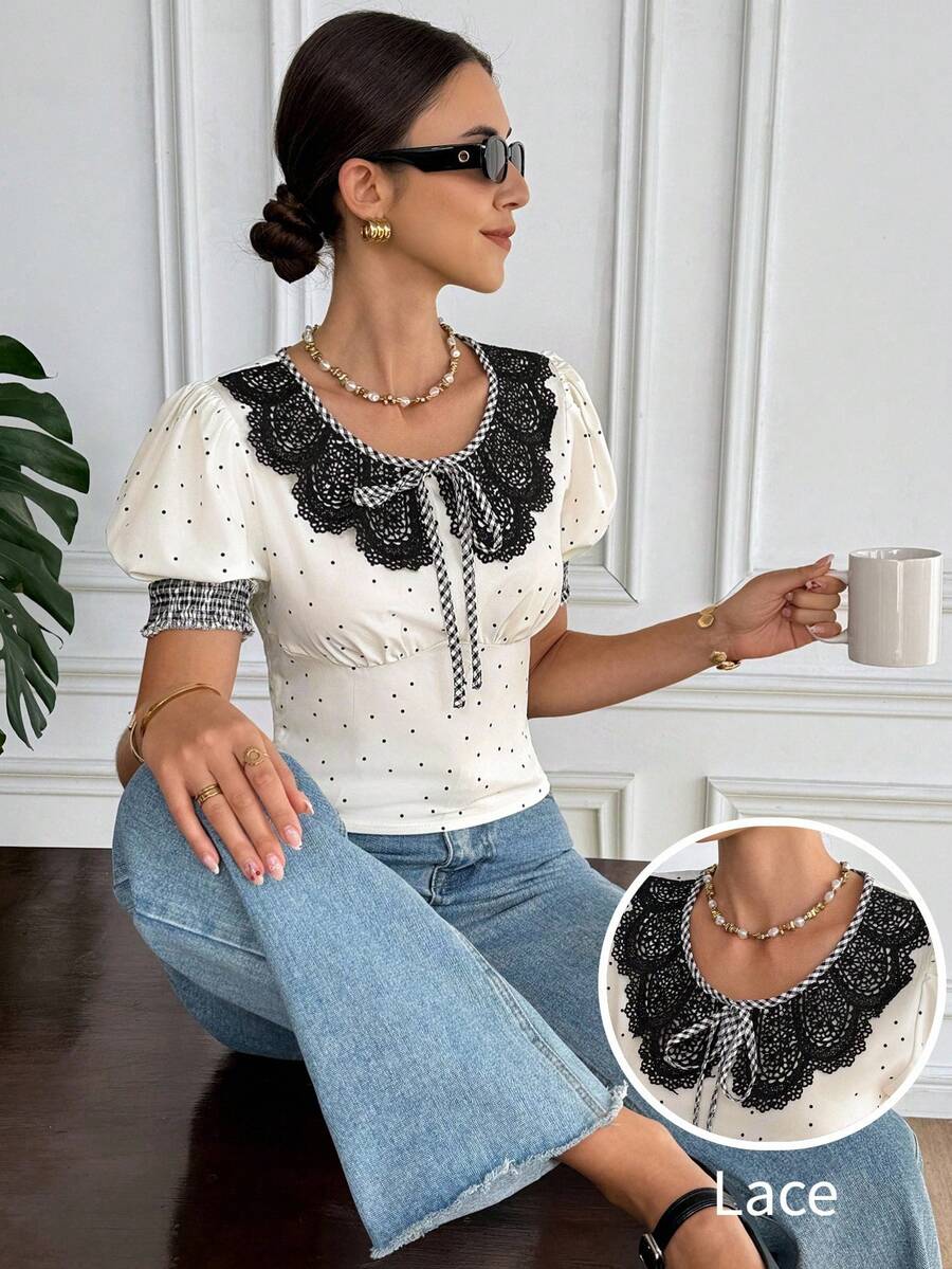 SHEIN Frenchy Women's Elegant Black White Polka Dot Summer Blouse,French Retro Peter Pan Collar Bow Tie Puff Sleeve Top,Brunch Vacation Casual Lace Gingham Trim - Multicolor - View 1