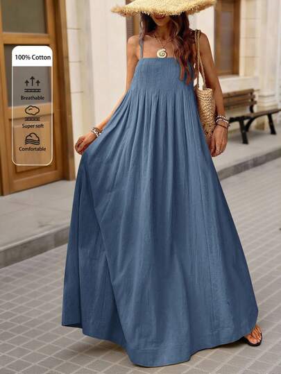 Brillora 纯色梭织宽松连衣裙，细肩带设计，适合春夏度假穿着