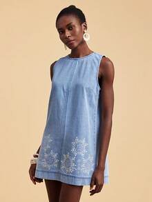 Travachic Women's Round Neck Geometric Pattern Casual Vacation Everyday Denim Dress - Light Wash - View 4