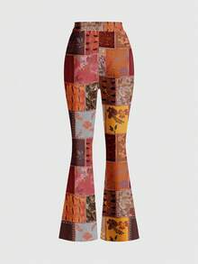 ROMWE Fairycore Pantalones acampanados de cintura elástica con estampado falso de sol, luna, estrella y floral en estilo hippie, gótico y vintage, hecho a mano con tela de patchwork, para mujeres de estilo hippie gótico - Rojo - Ver 2