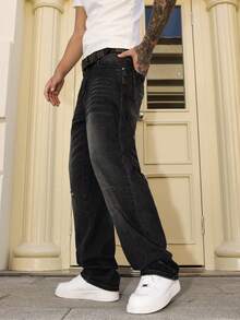 Manfinity Hypemode Quần jeans nam ống rộng màu đen xám bạc, kiểu dáng thường ngày, phù hợp cho mọi mùa. - màu đen - Xem 7