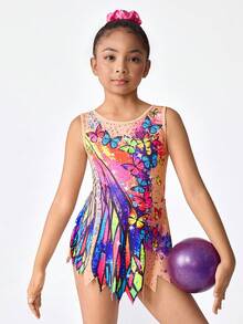 少女无袖印花体操服，舒适亲肤，贴身设计防止走光，适合艺术体操、学校舞蹈比赛等场合，四季皆宜，玫瑰红，圣诞节日图案，蝴蝶印花体操服 - 黑色 - 查看 5