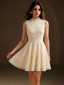 Anewsta 女士冬季连衣裙，圣诞节和新年款，立领无袖收腰网纱面料3D花卉刺绣优雅连衣裙 - 杏色 - 查看 6