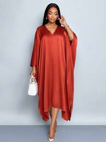 SOLERSUN 女士优雅飘逸蝙蝠袖V领缎面中长连衣裙，适合派对、情人节约会等场合 - 鏽棕色 - 查看 5