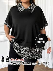 SHEIN CURVE+ Áo thun ngắn tay họa tiết da báo cỡ lớn dành cho nữ, thích hợp cho năm mới và ngày Valentine. - Đen và trắng - Xem 10