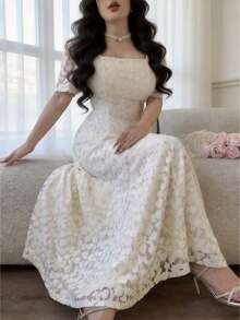 Feyla Vestido midi de mujer con cuello cuadrado y manga corta, elegante y de moda - Albaricoque - Ver 9