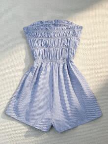 Sunnyshic Blue & White Striped Cotton Fabric Open Front Tie Waist Ruffle Hem Cropped Jumpsuit, Women Spring/Summer Vacation Beach Commute Elegant Sweet Simple Casual Versatile - Blue - View 2