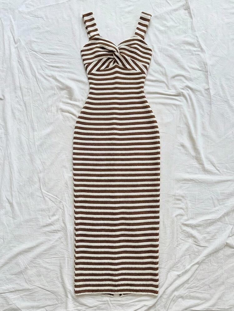 Soleia Women's Striped Twist Design Slit Hem Cami Midi Dress ,Summer Dress - Coffee Brown - View 4