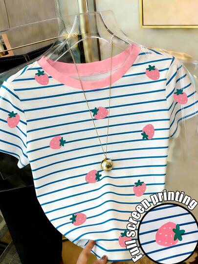 Resyla Women's Casual Striped Strawberry Print Round Neck Short Sleeve T-Shirt, Summer