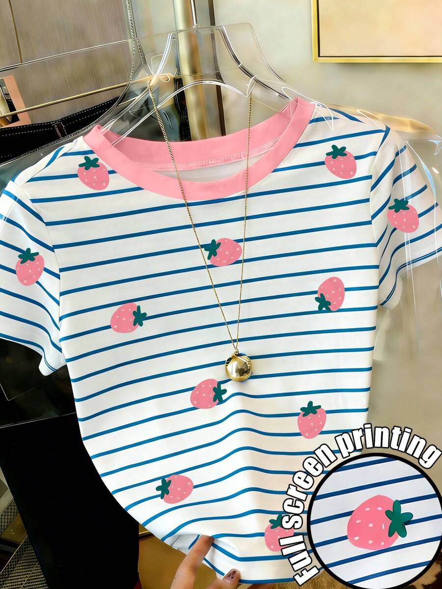 Resyla Áo thun nữ tay ngắn cổ tròn kẻ sọc in hình dâu tây, kiểu dáng thường ngày, thích hợp cho mùa hè. - Nhiều màu - Xem 1