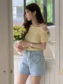 DAZY Niche Design Asymmetrical Shoulder Tie-Strap Short Sleeve Knit Top - Yellow - View 3