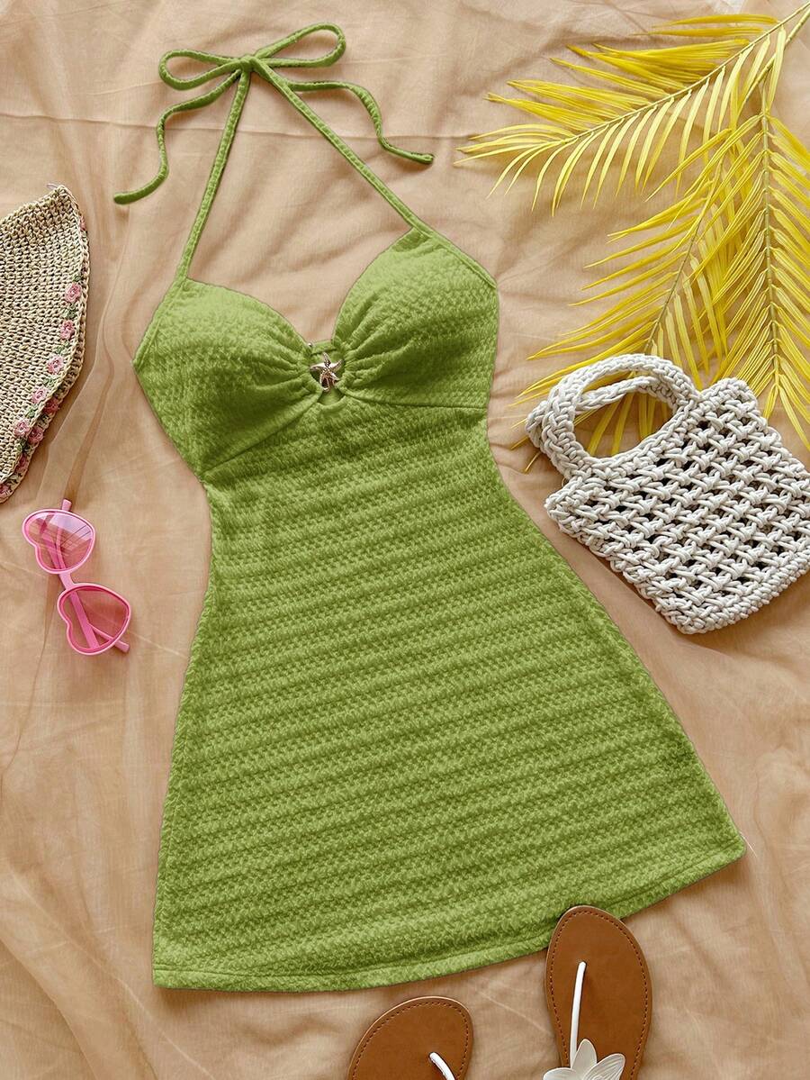 Soleia Robe mini texturée à col V sexy avec décoration en métal en forme d'étoile de mer, dos nu. Convient pour les vacances, les rendez-vous, le thé de l'après-midi, les vacances, les festivals de musique, le style bohème - Vert - Voir 1