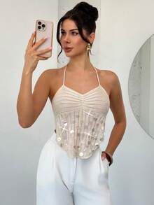 Firerie Women's Elegant Vacation Music Festival Romantic Sequin Crochet Knit Backless Shell Cami Top - Apricot - View 3