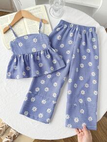 SHEIN Young Girls Blue Daisy Plaid Camisole & Shorts 2pcs Set, Casual Fashion Daily Wear - Blue - View 6