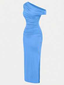 SHEIN Đầm maxi dệt kim ôm sát eo, kiểu dáng thanh lịch, bất đối xứng, vai xếp ly, dành cho bé gái tuổi teen, thích hợp cho tiệc Halloween, trang phục đi học, tụ họp, đi chơi, màu xanh dương. - Màu xanh lam - Xem 4