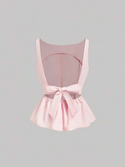 SHEIN MOD Women's Pink Backless Bow Tie Strap Boat Neck Camisole.,Summer Holiday Outfits,Spring /Summer Outfits Women,Valentine's Day,Elegant Party , Ceremony,Beach Vacation Outfits For Women,Vacation Outfits Women, Elegant,Wedding, Boho,Pink Top,Casual Outfit For Women,Party Top,Summer Top
