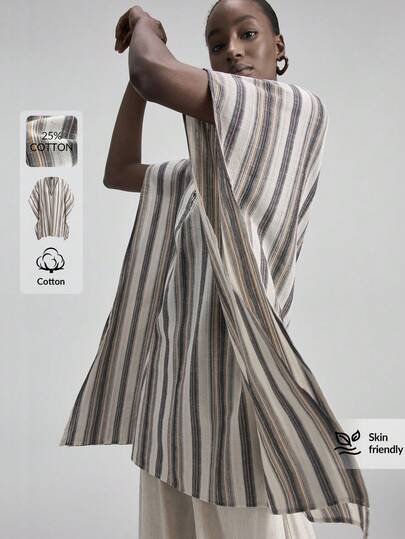 Ontre 2026ss Women's Multi-Color Striped Fabric Comfortable Soft High-End Material Viscose Blend Loose Fit V-Neck Batwing Sleeve Knit Trim Accent Decor Modern Urban Business Casual Office Commuter High-Quality Airport Casual Low-Key Vintage High-End Cruise Wear Middle East Minimalist Luxurious Feel Essential Outfit Fashion All-Season Versatile Minimalist Series Women Short Dress Beach Clothing, All Season  Ins Celebrity Same Style Vacation Style, Exotic Atmosphere, Country Concert, Western Style