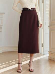 Anewsta Women's Elegant High Waist Bodycon Skirt, Minimalist Chic Office Wear - Coffee Brown - View 4