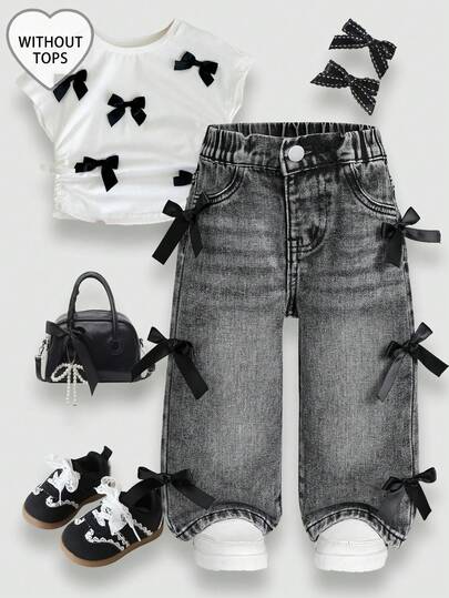 2026 New Arrival Baby Girls' Fashion Black Bow Decor Straight-Leg Versatile Slim Fit Denim Jeans, Soft And Comfortable Washed Denim Fabric, Suitable For Daily Wear, Outdoor Play, Parties And Celebrations