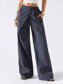 LYSMO 女士侧系腰格子阔腿宽松阔腿裤 - 深灰色 - 查看 5