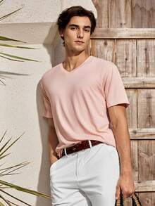 Mercer Haus Men's Casual Daily Solid Color V-Neck Short Sleeve T-Shirt, Summer , Suitable For Summer Tropical Holiday Vacation In Hawaii. - Pink - View 8