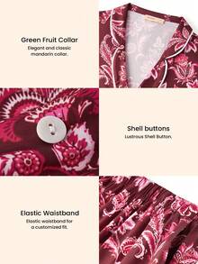 LUVLETTE 奢华休闲睡衣优雅酒红色花卉睡衣套装 - 柔软缎面长袖上衣和长裤，白色滚边 奢华休闲睡衣睡衣 - 紅色 - 查看 4