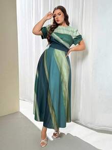 SHEIN CURVE+ Vestido largo elegante con estampado de llamas en verde, con mangas abullonadas, adecuado para ceremonias de graduación, ferias del Renacimiento, vestido fluido, primavera/verano - Verde - Ver 6