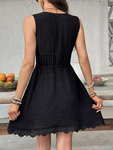 Swim Vcay 女士夏季沙滩无袖V领抽绳系带下摆拼接波西米亚蕾丝边休闲度假罩衫 - 黑色 - 查看 2