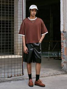 PAVTROS Men's Red And White Striped Summer Streetwear,Retro American Knitted Crew Neck Short Sleeve T-Shirt,Oversized Fit City Break Casual Fashionable Top - Coffee Brown - View 4