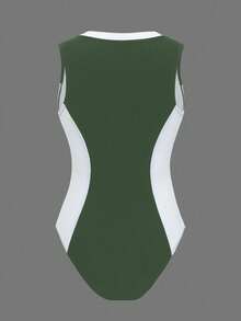 Swim SPRTY Women's Contrast Color Patchwork Round Neck Sleeveless Zipper Decor One-Piece Swimsuit, Suitable For Beach & Holiday - Green - View 7