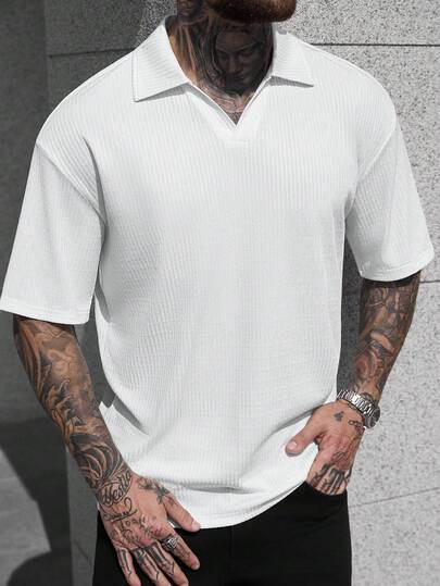 Manfinity CasualCool Men's Textured Jacquard Casual Short Sleeve Polo Shirt,Men Old Money,Daily Leisure, Weekend Trips, Outdoor Activities, Travel Expeditions, Relaxed Work Environments Or Semi-Formal Occasions, Boyfriend/Husband Gift, Anniversary /Birthday Gift Party Summer Vacation Holiday,Wedding,Spring To Summer,Easter,Men's Solid White Polo Shirt Ribbed Knit Short Sleeve V Neck Top,Men Ribbed Polo,Men Knit Shirt,Men V Neck Polo,Men Short Sleeve Polo,White Polo Shirt