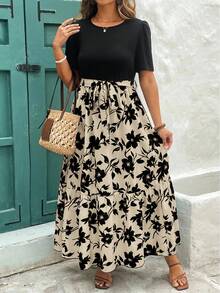 Reflora Plus Size Floral Print Ruffle Hem Short Sleeve Round Neck Dress Autumn Party Vacation Black - Apricot - View 5