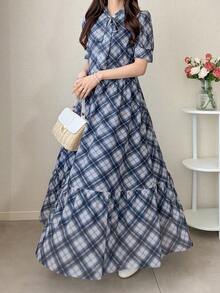 FRIFUL Women's Plaid Flared Loose Casual Dress, Versatile For Spring & Summer - Blue - View 4