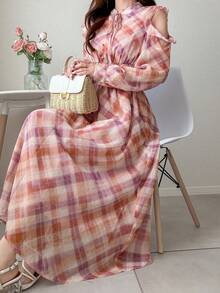 FRIFUL Women's Plaid Pink Collar Tie Bow Flared Hem Off-Shoulder Cinched Waist Casual Dress, Wedding Guest Dress Women Dress Sundress - Pink - View 1