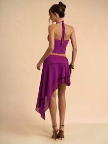 SHEIN BAE Women's Solid Fuchsia Tight Spaghetti Strap Mesh Camisole And Asymmetrical Skirt 2-Piece Set, Mesh 2-Piece Set, Summer Outfit, Spring/Summer - Hot Pink - View 2