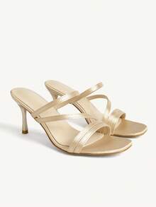 CUCCOO CHICEST 女士时尚方头明星金色缎面材质露趾晚宴派对配裙装细高跟凉鞋 - 金色JS - 查看 1