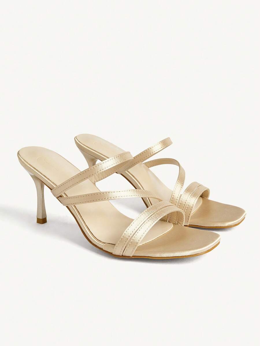 CUCCOO CHICEST 女士时尚方头明星金色缎面材质露趾晚宴派对配裙装细高跟凉鞋 - 金色JS - 查看 1