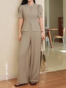 Dazy-Less Women's Solid Color Stand Collar Single-Breasted Short Sleeve Top And Wide Leg Pants Casual Commute Travel Suit Set Business Casual Woman - Khaki - View 4