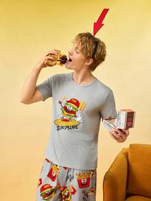 Bộ đồ ngủ nam in hình bánh hamburger và khoai tây chiên, gồm áo tay ngắn và quần. - Xám - Xem 5