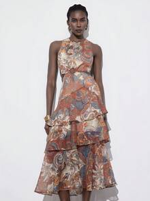 Aveloria Modichic 精准染色，砖红色和石板蓝色调，波西米亚艺术风格，度假休闲风，镂空圆圈设计，多层褶皱细节，收腰显瘦，蛋糕裙廓形，轻盈雪纺面料，柔软飘逸，适合海滩度假、夏季派对、户外音乐节、艺术展览和休闲旅行，展现无拘无束、自由奔放的浪漫气息。欧美时尚高端度假性感雪纺短款印花叠层无袖连衣裙 - 彩色 - 查看 5