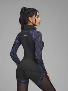 Innovista Graphic Print Raglan Sleeve High Neck Shapewear Activewear Top - Black - View 2